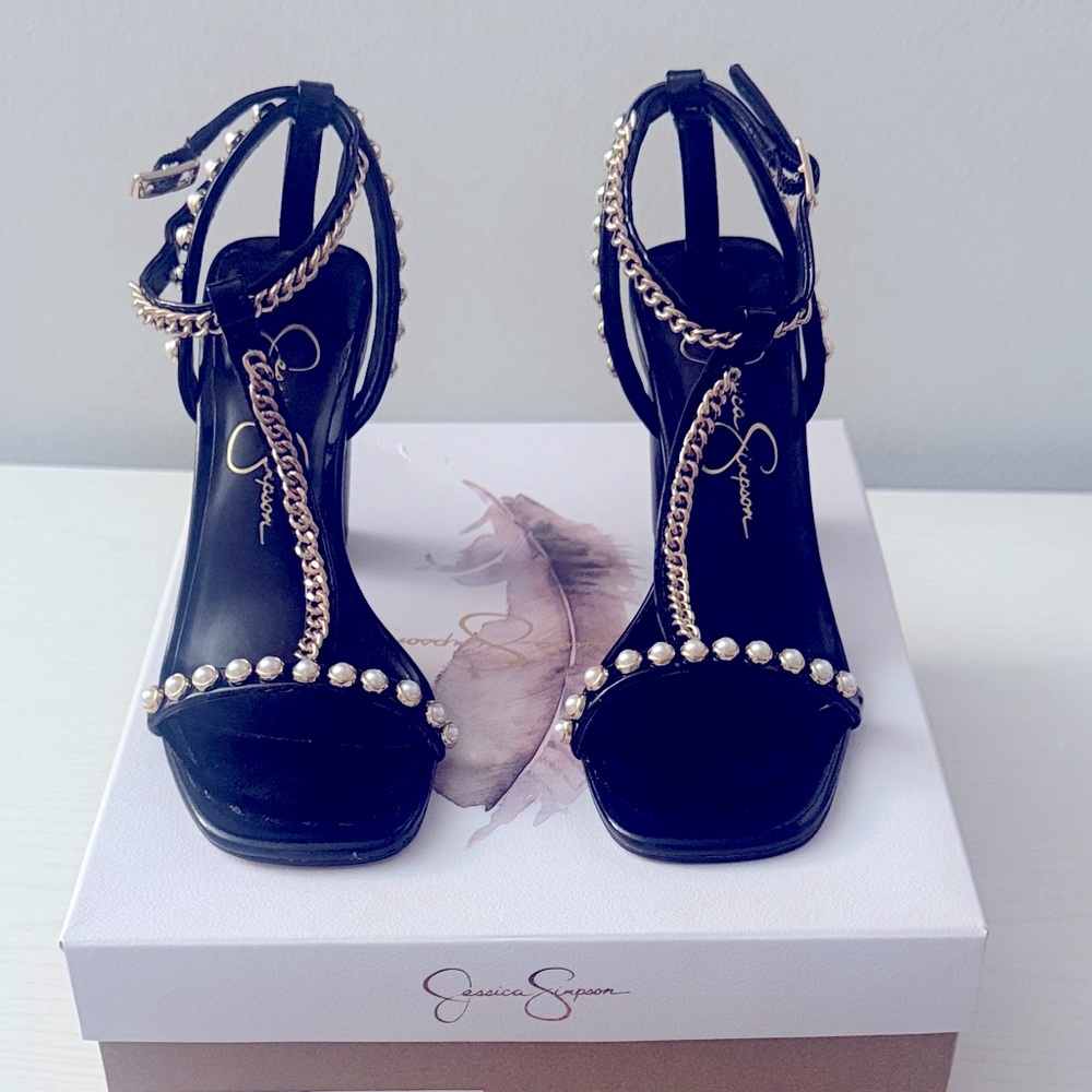 Jessica Simpson Black Heels with Gold and Pearl Details
